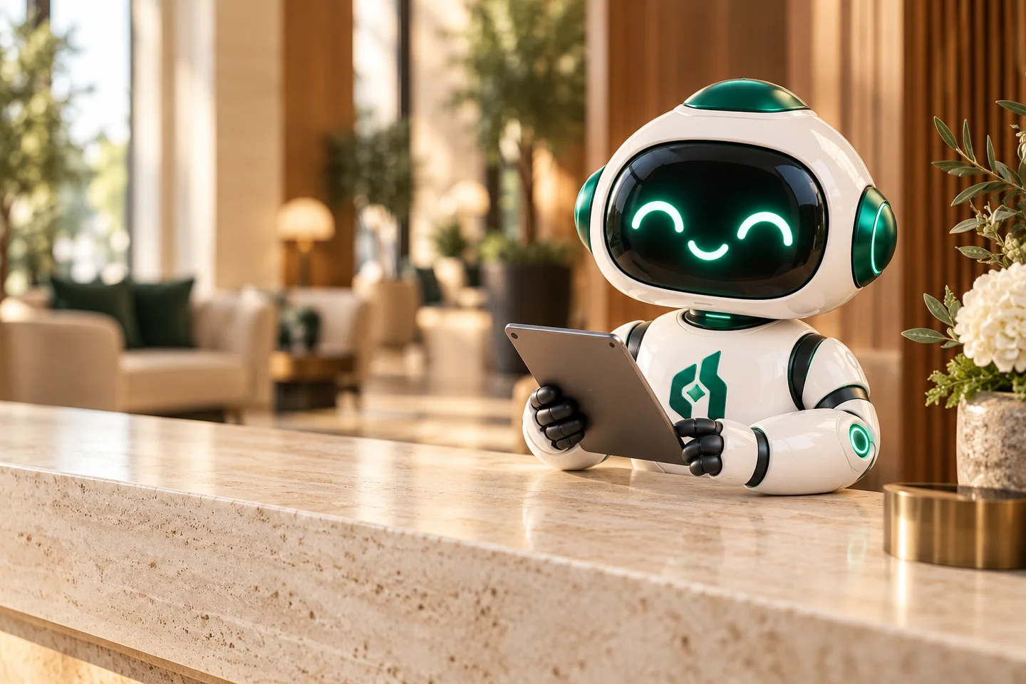 Citra AI sebagai asisten kecil di meja resepsionis hotel